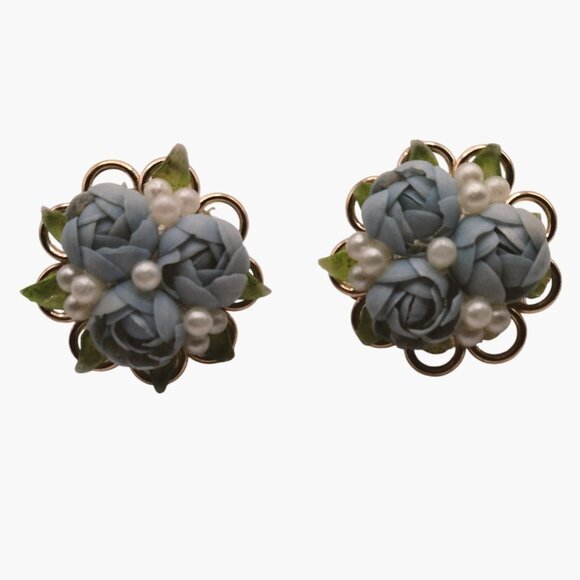 Vintage Clip On Earrings  Blue Floral Faux Pearls - Picture 1 of 3